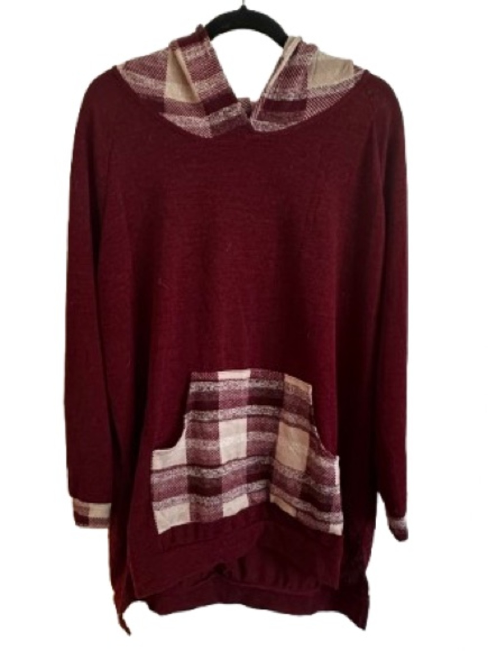 Emerald Burgundy Hooded Plaid-Trim Pullover Sweater